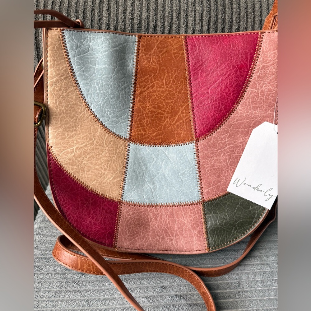 New Wonderly Patchwork Crossbody Bag Brown Vegan Leather - Picture 2 of 10